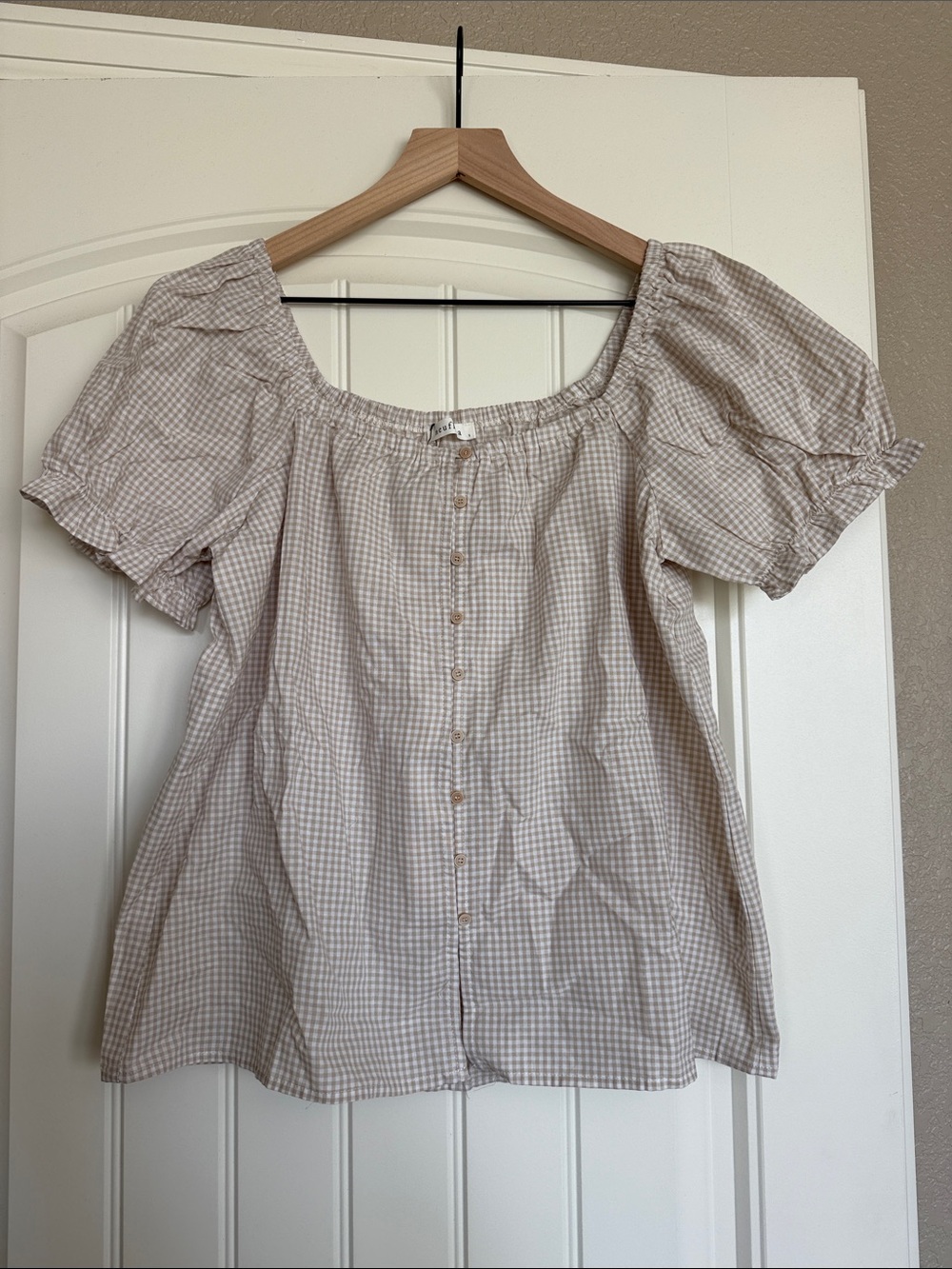 Neuflora Jenna Blouse gingham tan blouse small NWT